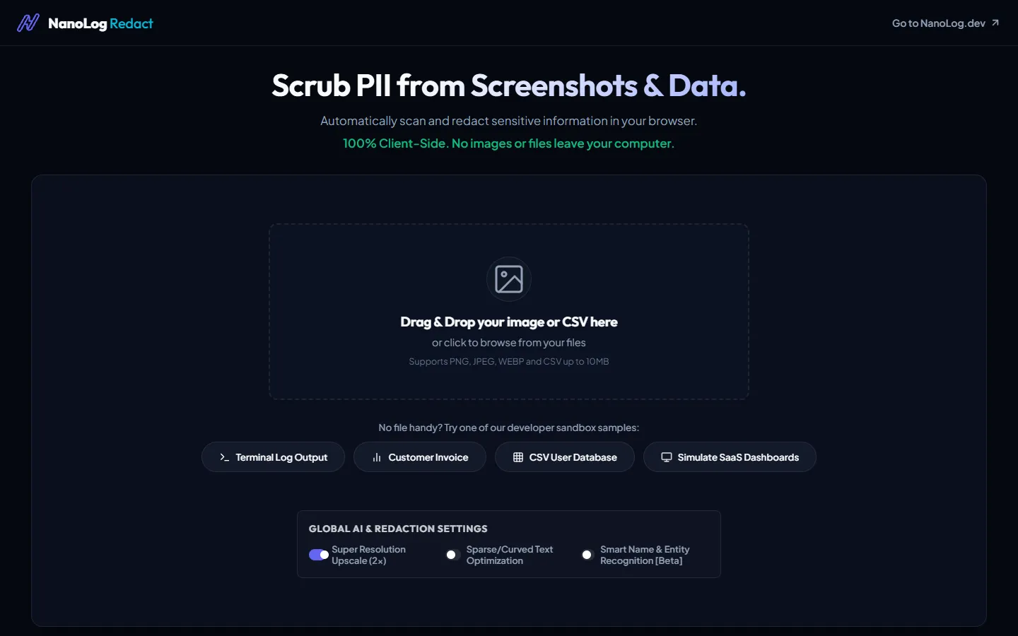 ByePii (formerly Redact NanoLog): Zero-Trust Client-Side PII Redaction Engine